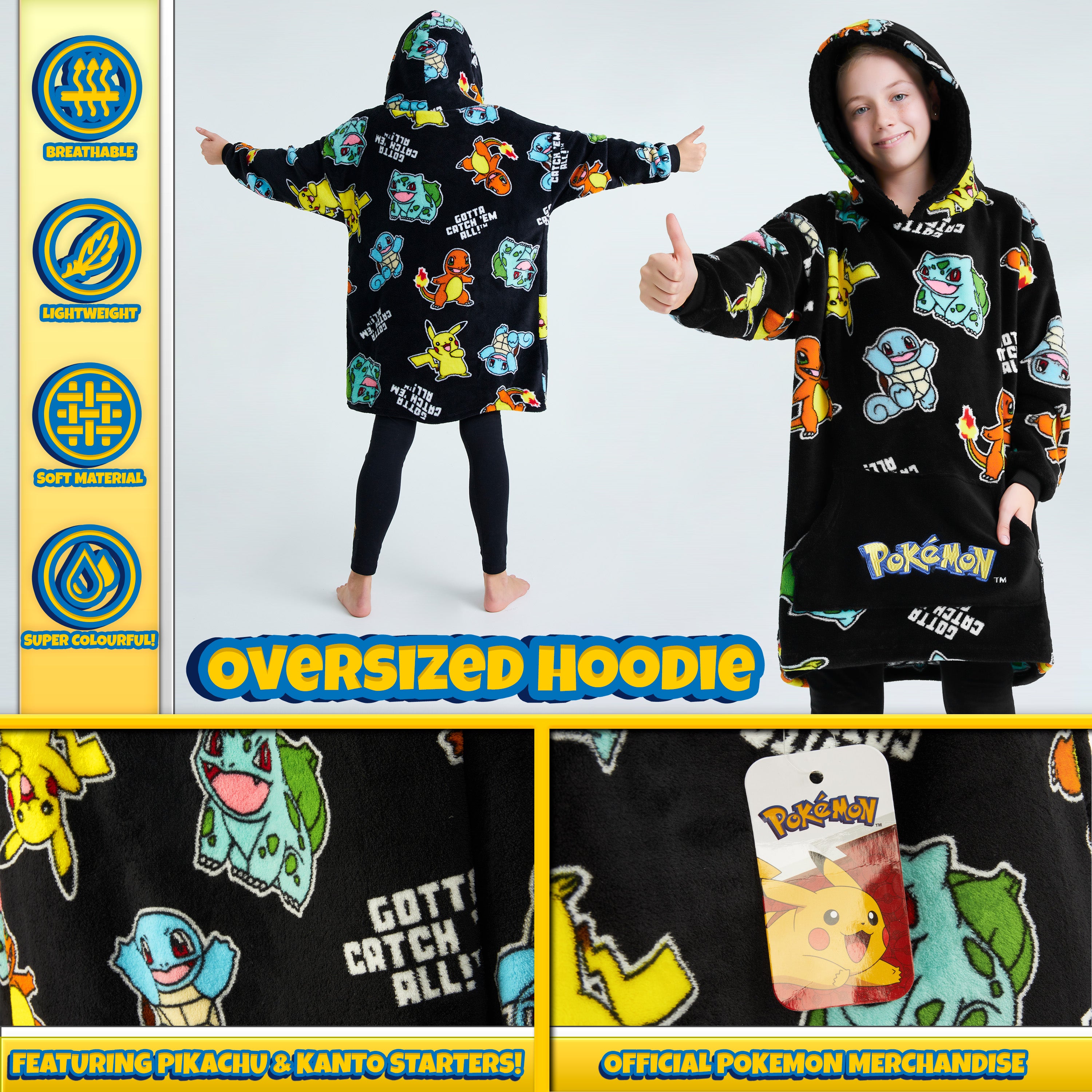 Pokemon Oversized Hoodie Blanket for Kids, Pikachu Gifts for Boys (Black AOP) - Get Trend