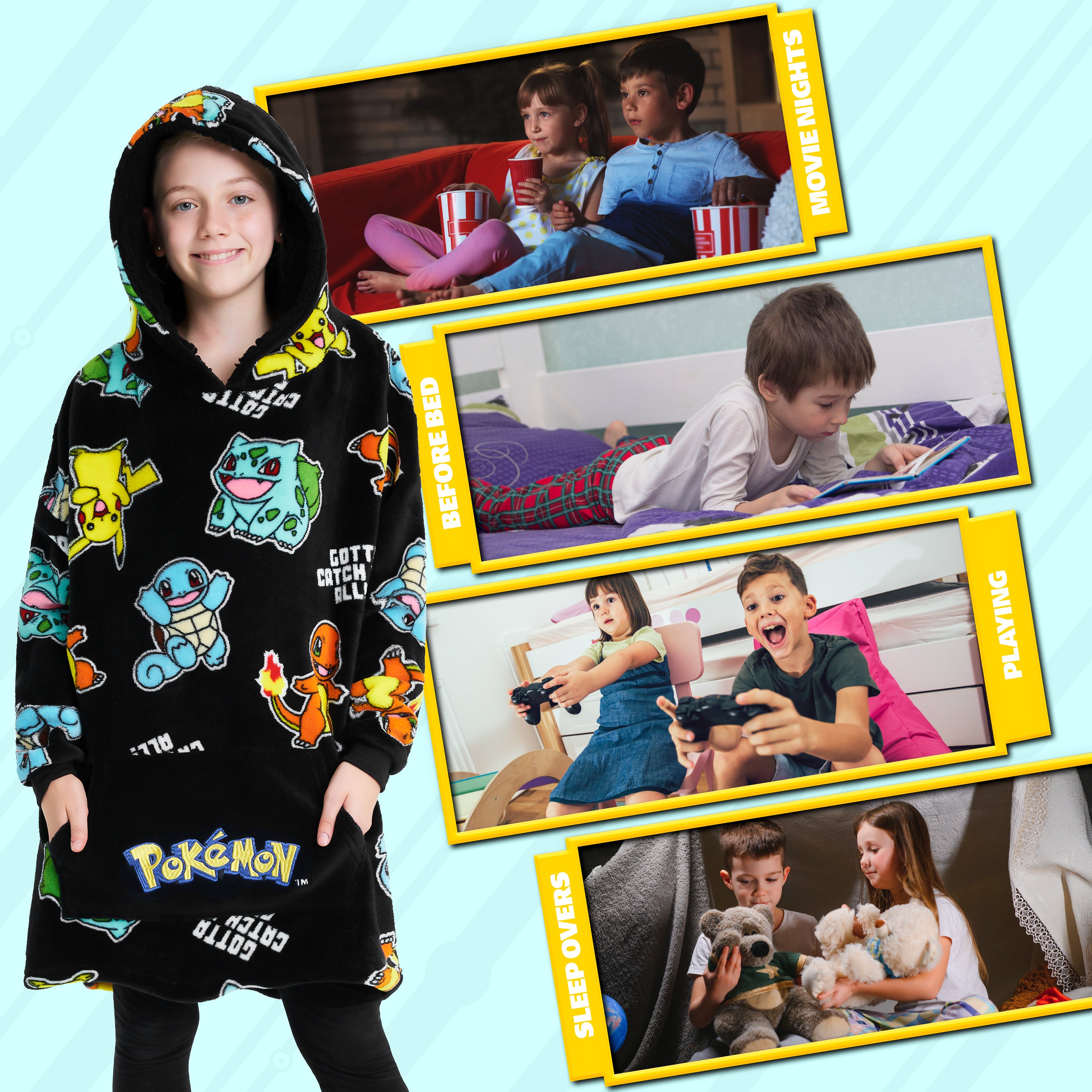 Pokemon Oversized Hoodie Blanket for Kids, Pikachu Gifts for Boys (Black AOP) - Get Trend