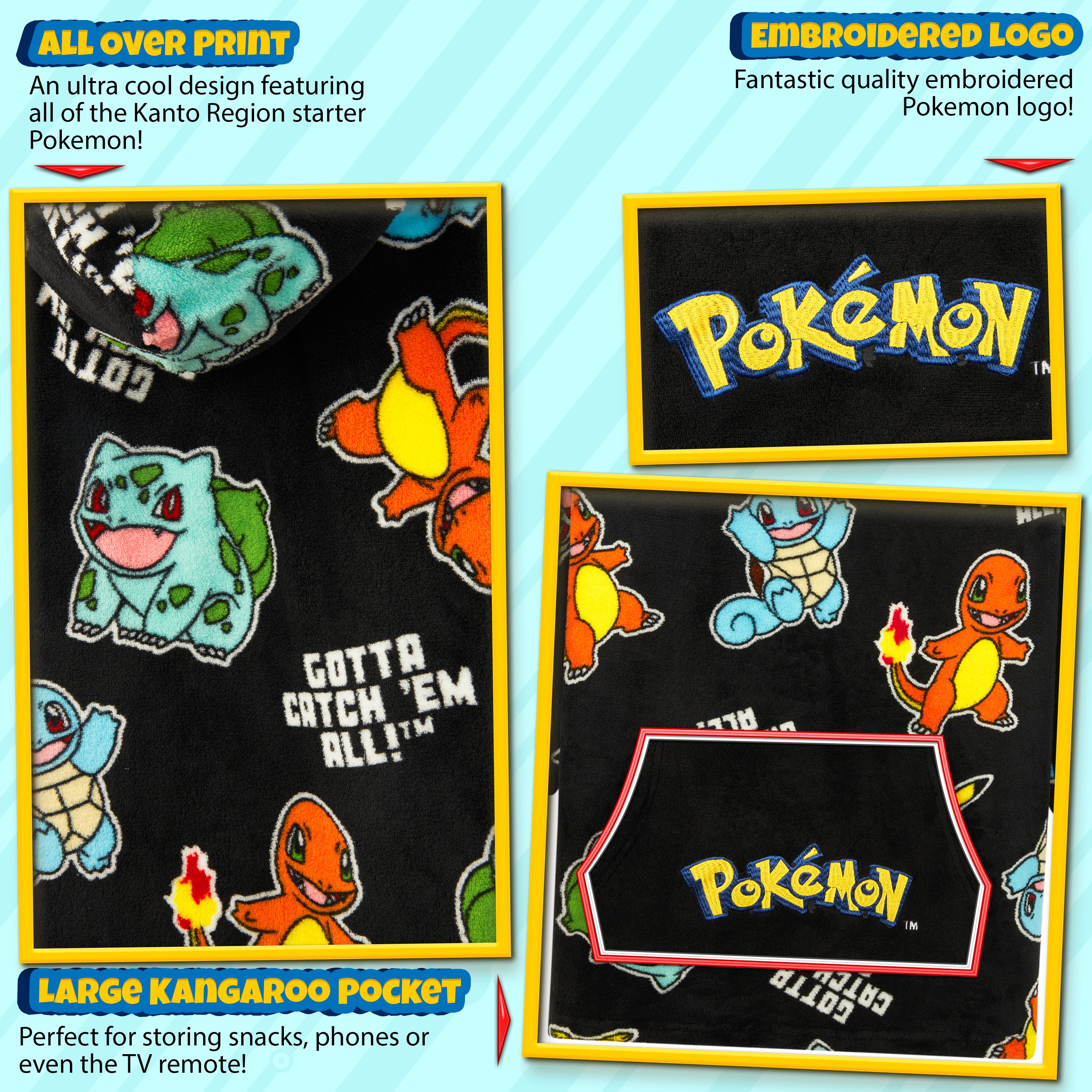 Pokemon Oversized Hoodie Blanket for Kids, Pikachu Gifts for Boys (Black AOP) - Get Trend