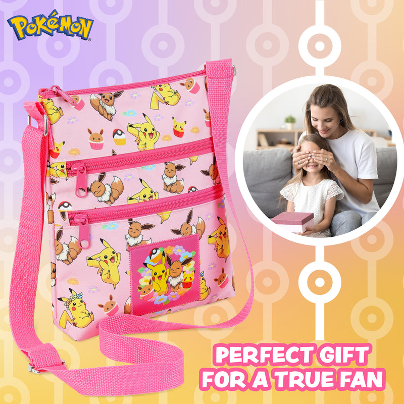 Pokemon Cross Body Bag for Girls Pikachu Eevee - Pink Shoulder Bag
