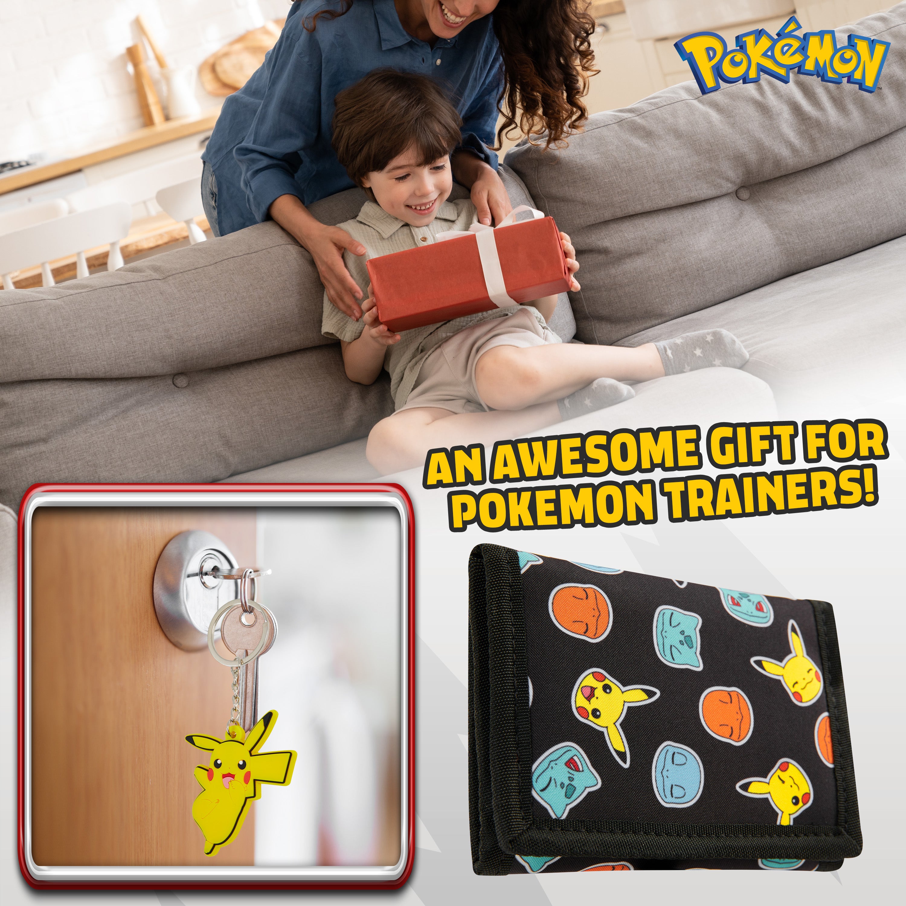 Pokemon Kids Wallet and Key Ring Set, Pikachu Trifold Wallet Gift Set - Get Trend