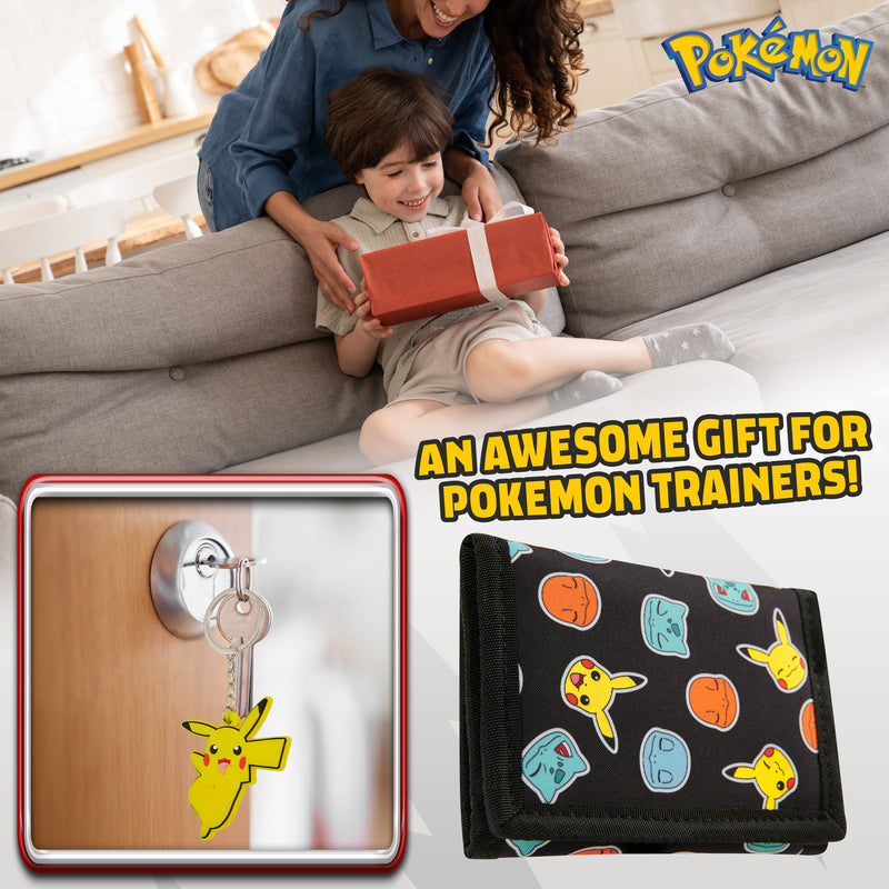 Pokemon Kids Wallet and Key Ring Set, Pikachu Trifold Wallet Gift Set