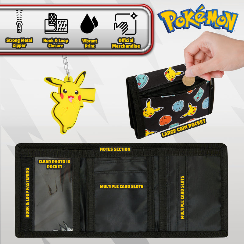 Pokemon Kids Wallet and Key Ring Set, Pikachu Trifold Wallet Gift Set