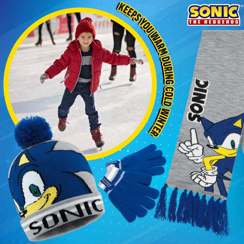 Sonic The Hedgehog Beanie Hat Scarf and Gloves Set for Boys