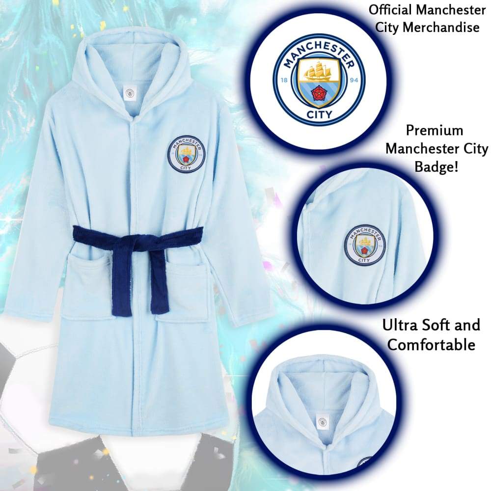 Manchester City F.c. Boys Dressing Gown Kids Hooded Robe Football Gifts Dressing Gown Manchester City F.c. £15.49