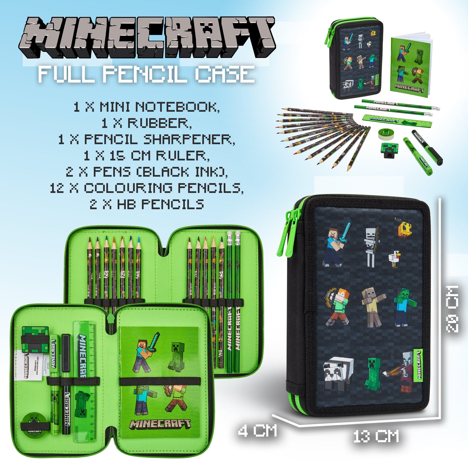 Minecraft Pencil Case, Large Pencil Case 2 Compartment Filled with