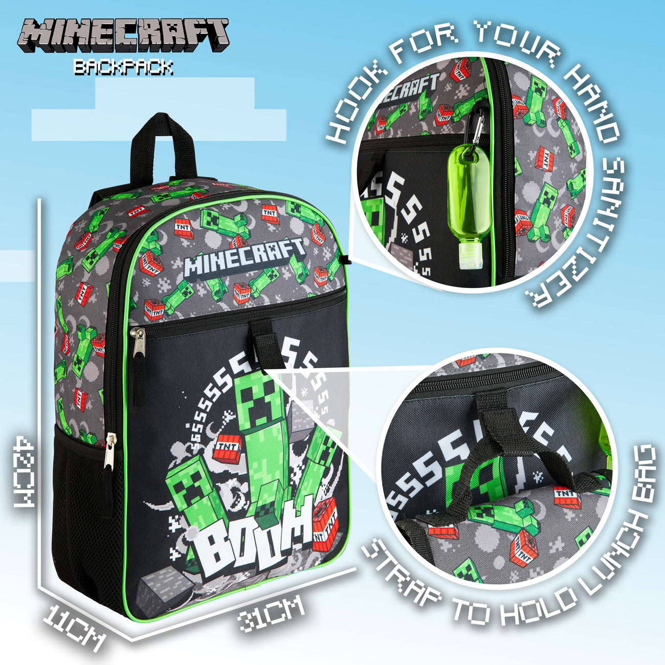 Minecraft 5-Piece Set: 16” Backpack, Lunchbox, Utility Case, Rubber  Keychain, and Carabiner