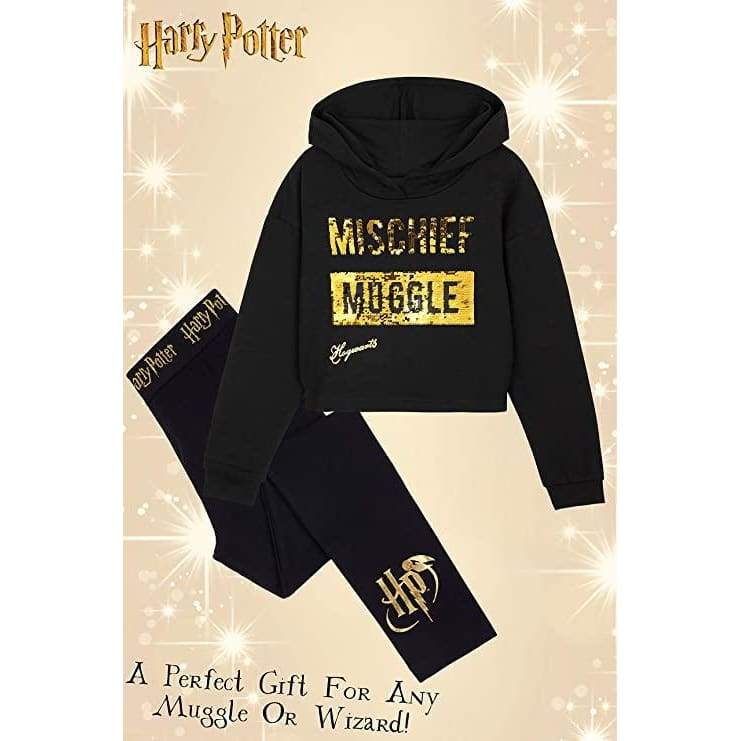 Harry Potter Black Cropped Hoodie & Leggings Cotton Set for Girls & Teenager Loungewear Set Harry Potter £15.49