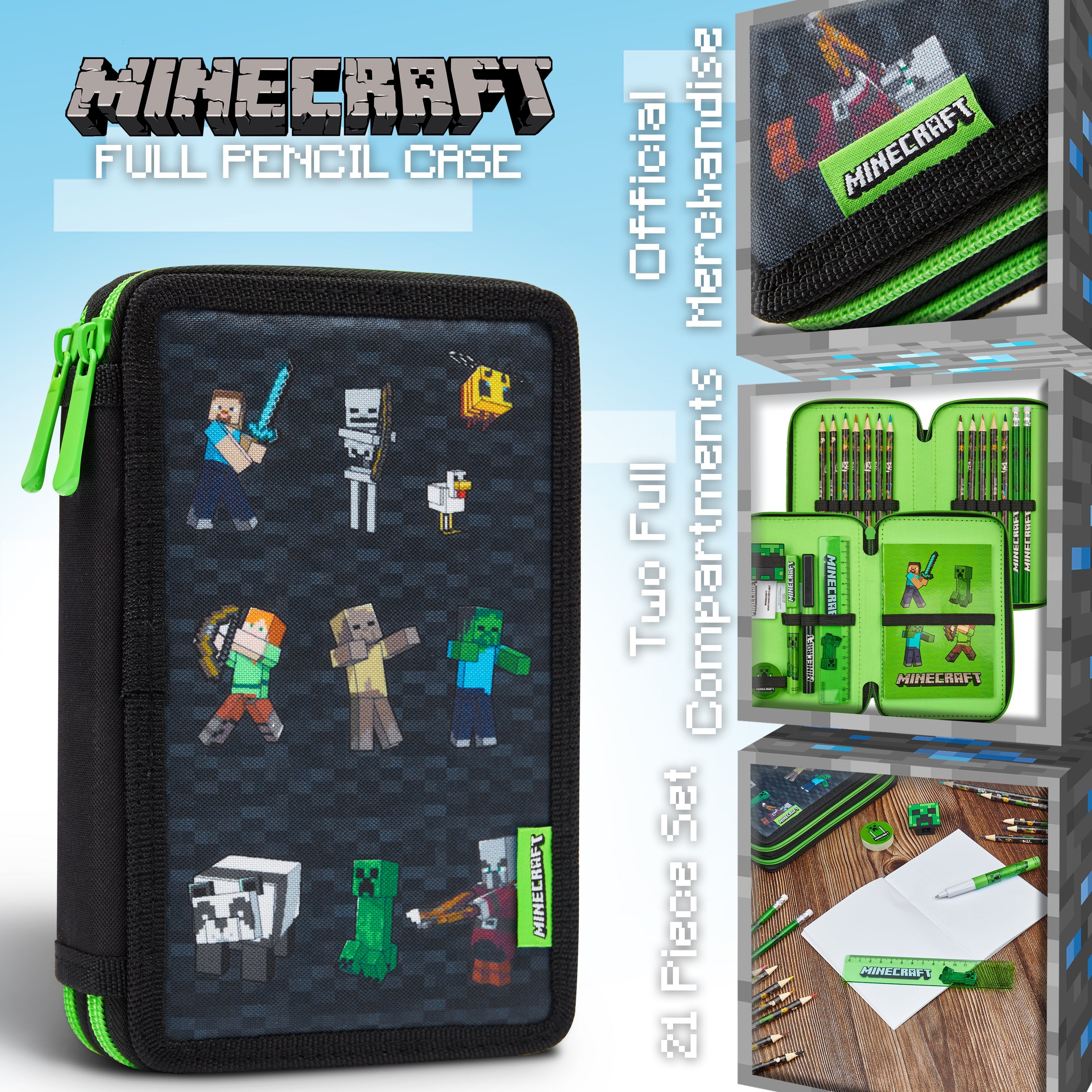Java Edition Minecraft Case Cover Minecraft Children's Pencil Case with 2 Compartments and School Suppli ...