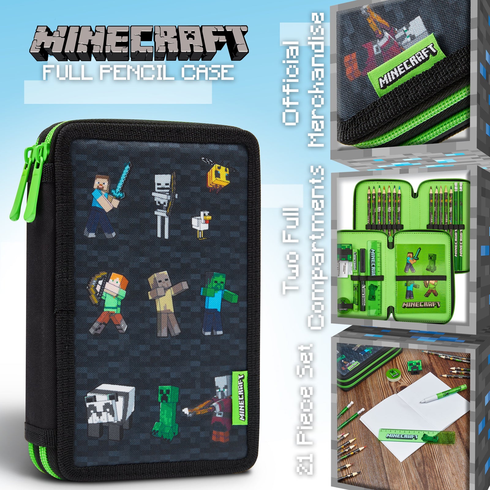 Minecraft Pencil Case, Large Pencil Case 2 Compartment Filled with