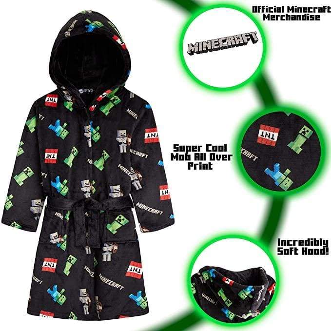 Minecraft Robe Size 10 Minecraft Hooded Soft Dressing Gown with Creeper Design for Gamers Boys ...