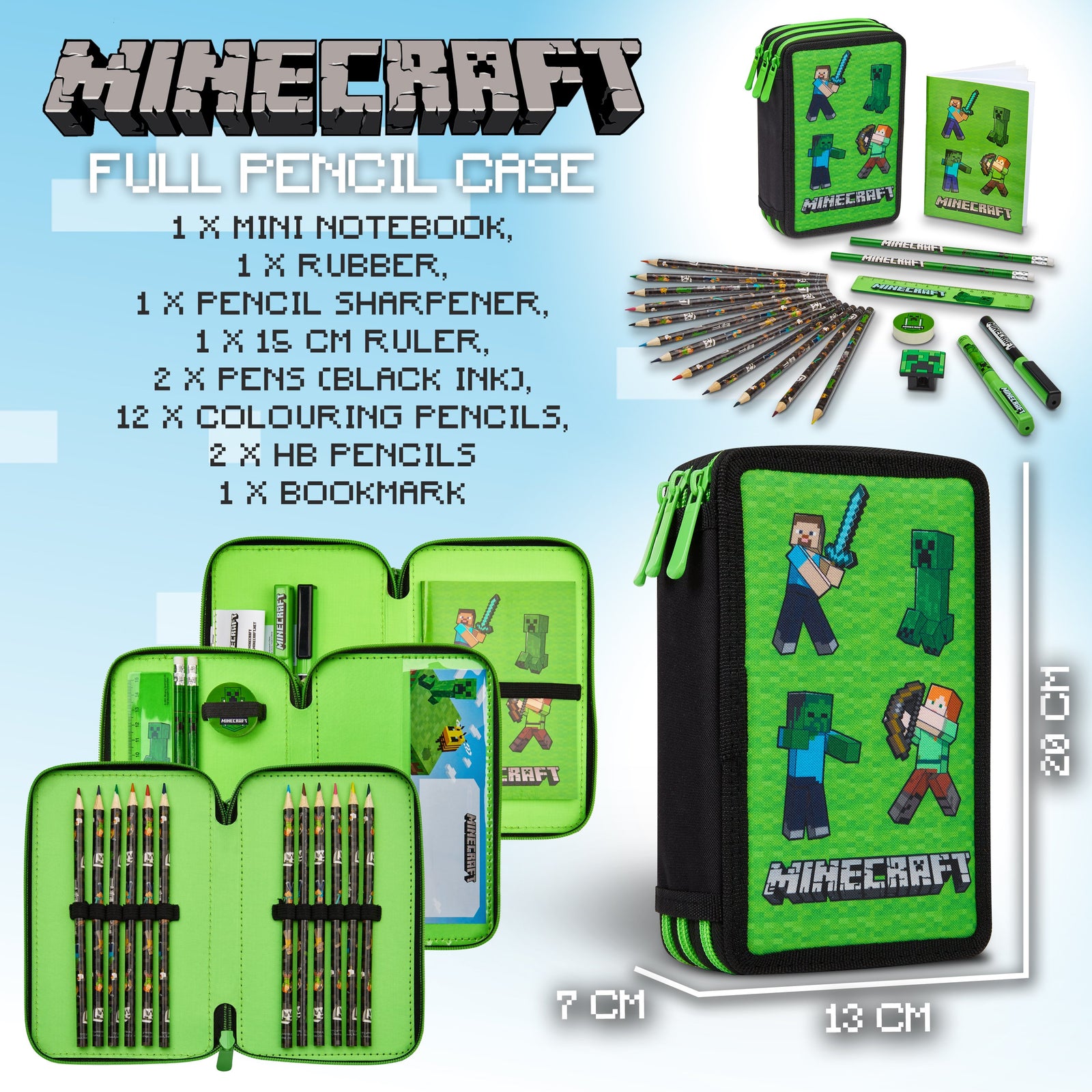 Minecraft Pencil Case, Large Pencil Case 3 Compartment Filled with