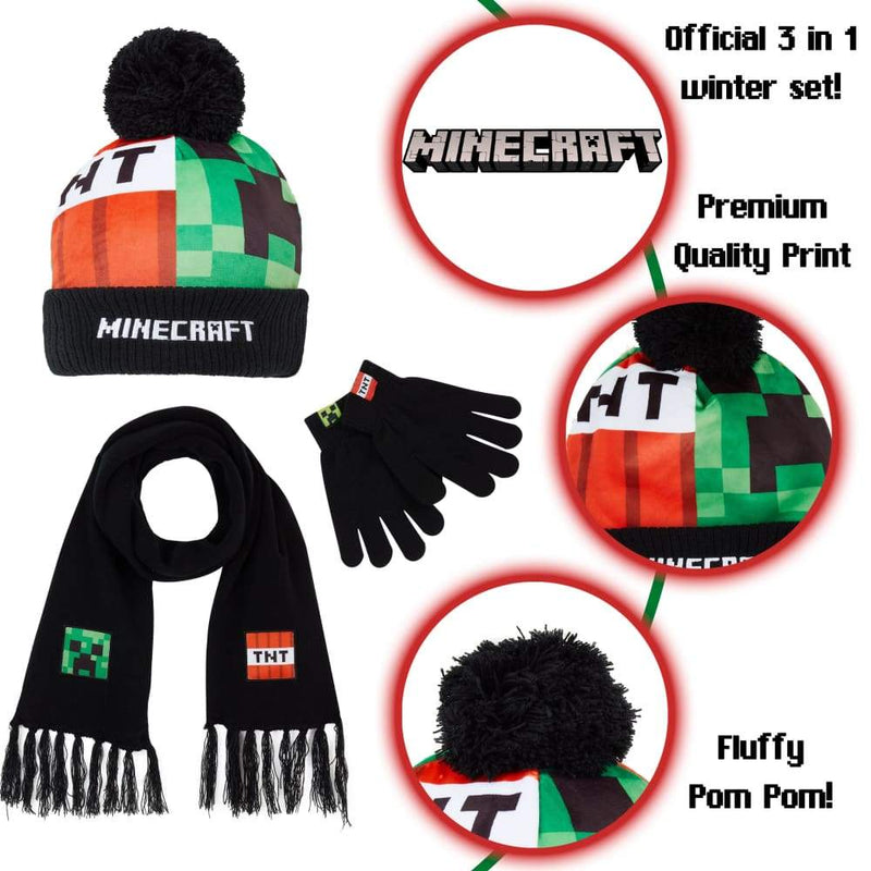 Minecraft Hat Scarf and Gloves Set Boys Gaming Gifts for Boys Hat Scarf Gloves Set Minecraft £13.49