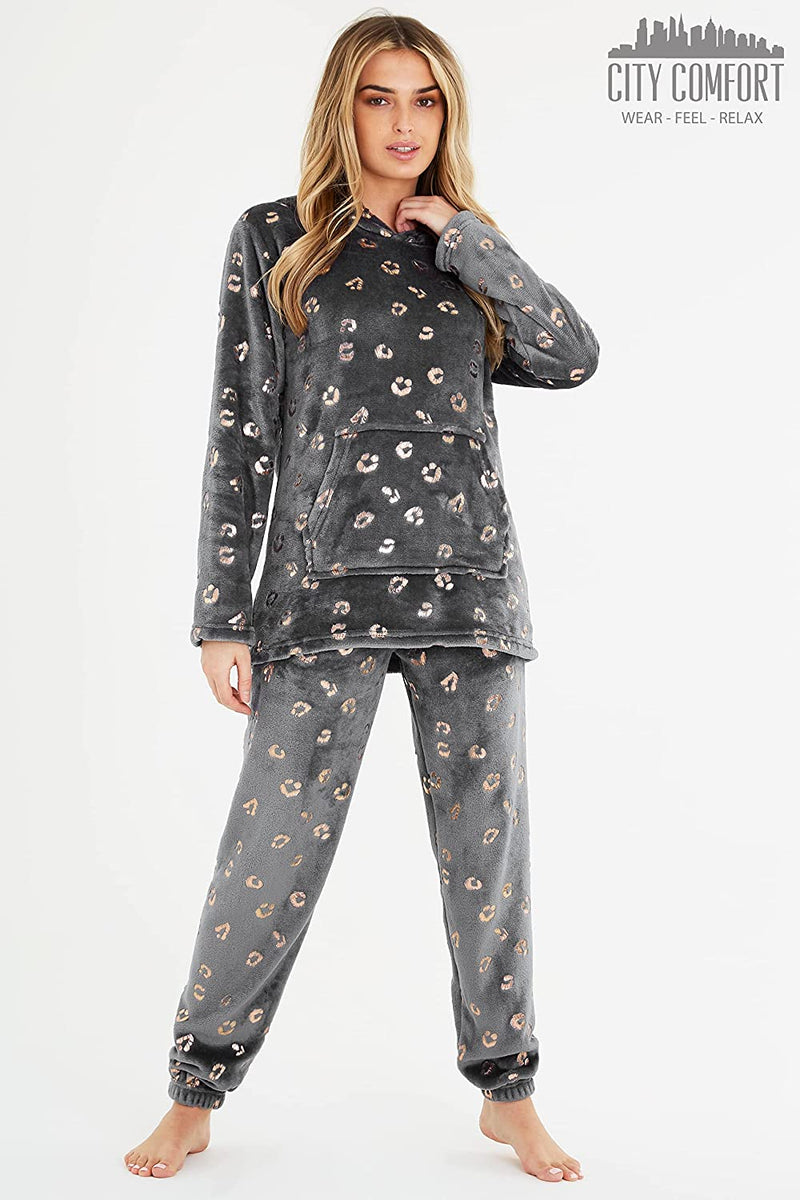 CityComfort Womens Pyjamas, Warm Fleece Hooded Pyjamas for Women Sets