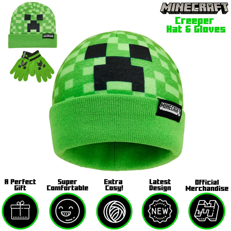 Minecraft Hat And Gloves Green Beanie Creeper Pixel Super Soft for Boys or Girls - Get Trend