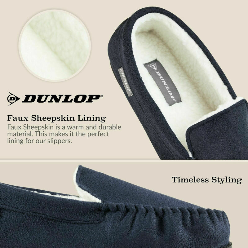 Dunlop Mens Moccasin Slippers Memory Foam Faux Sheepskin Indoor Outdoor House Shoes
