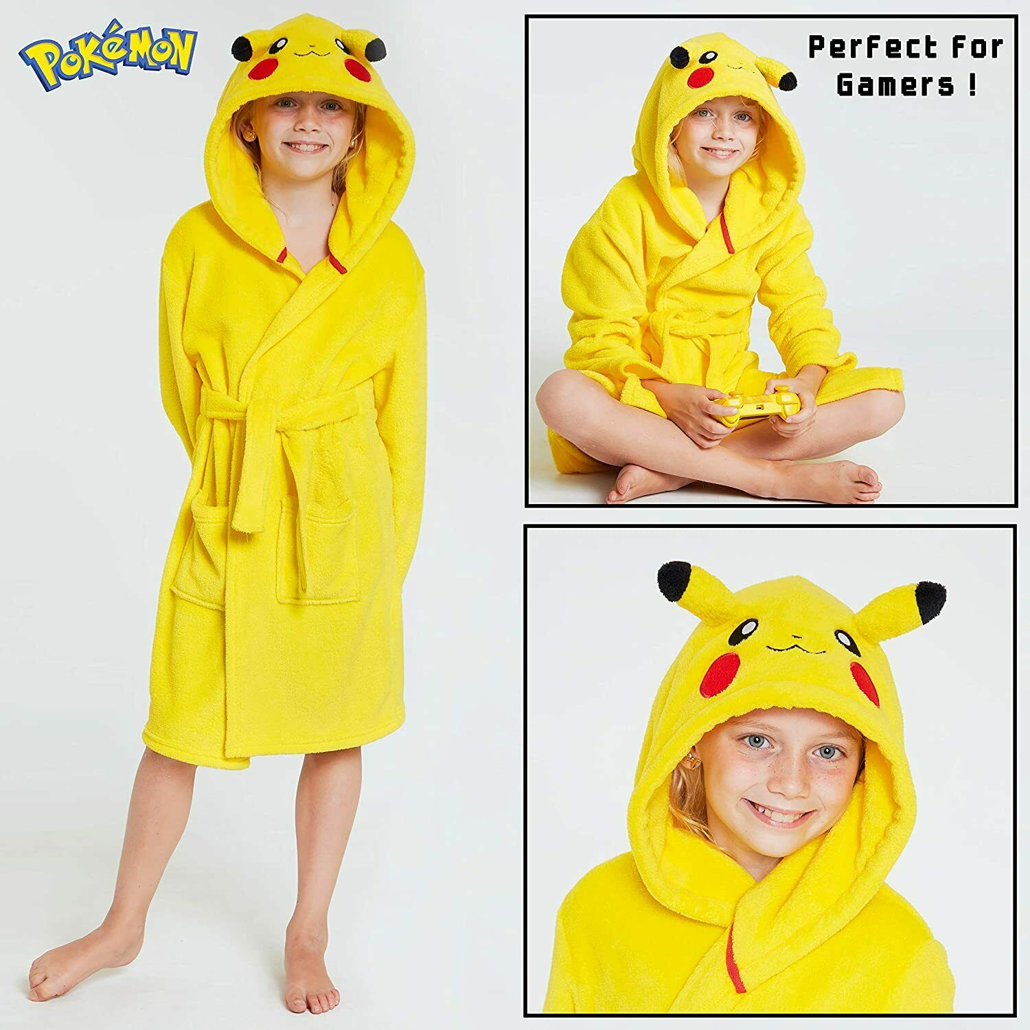 Pokemon Soft Fleece Dressing Gown with 3D Pikachu Hood for Boys Girls Teens - Get Trend