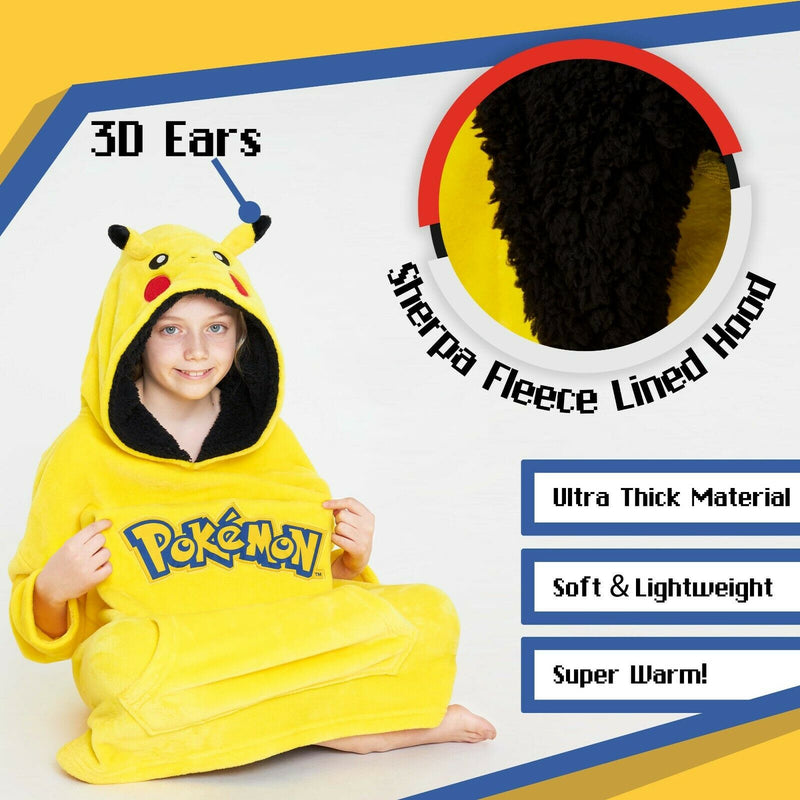 Pokemon Hoodie for Boys, Pikachu Oversized Blanket Hoodie Kids, Fleece Poncho