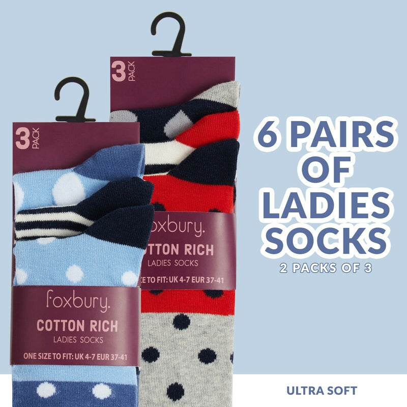 Tom Franks Ladies 6 Pack Design Cotton Rich Socks One Size Red & Blue Mix - Get Trend