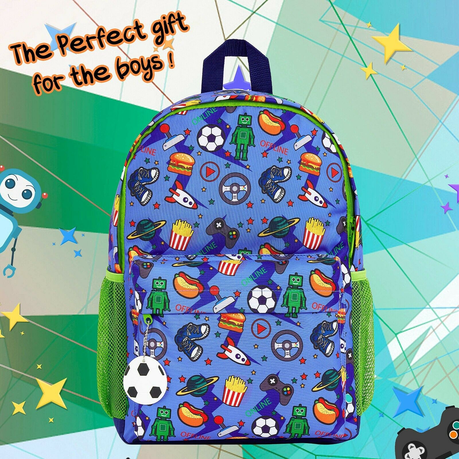CityComfort Video Game Large Boys Backpack, Gamer Gifts for Boys Teens (Blue/Green) - Get Trend