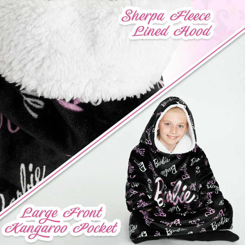 Barbie Girls Oversized Blanket Hoodie, Black Sherpa Fleece Hooded Snuggle Blanket - Get Trend