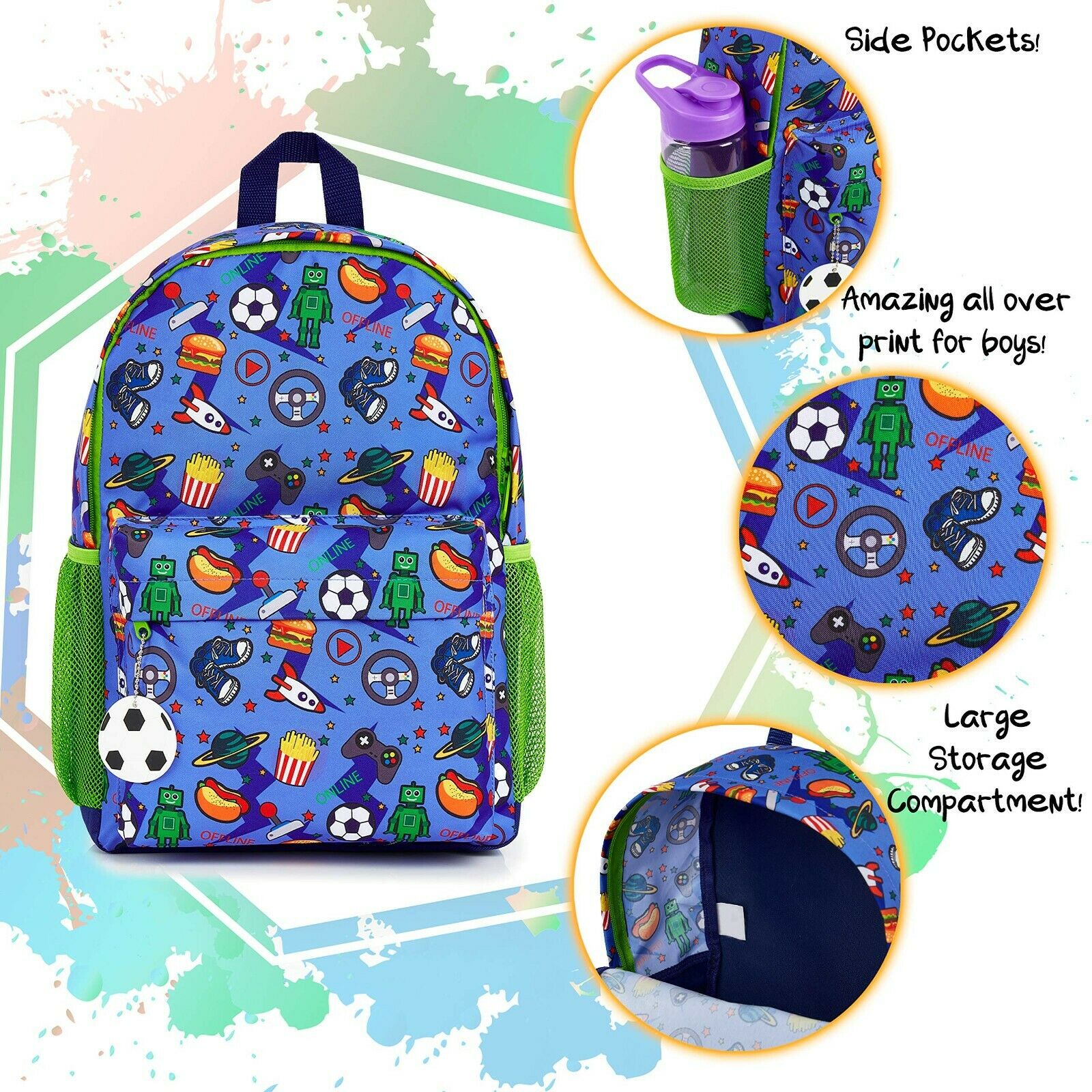 CityComfort Video Game Large Boys Backpack, Gamer Gifts for Boys Teens (Blue/Green) - Get Trend