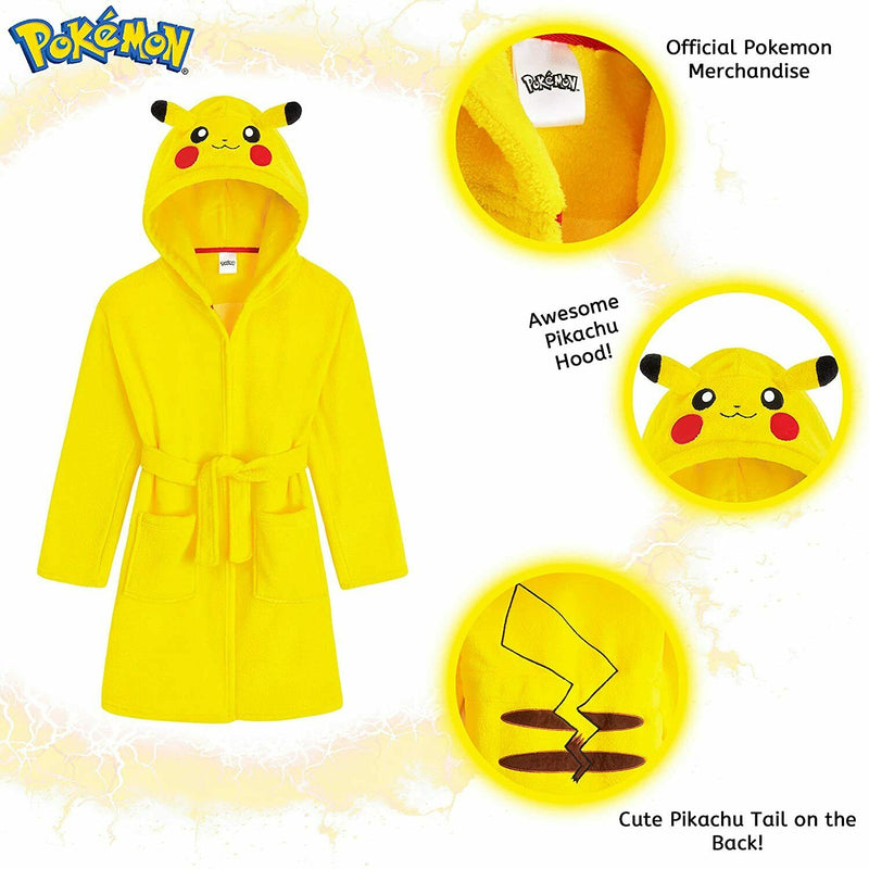 Pokemon Soft Fleece Dressing Gown with 3D Pikachu Hood for Boys Girls Teens