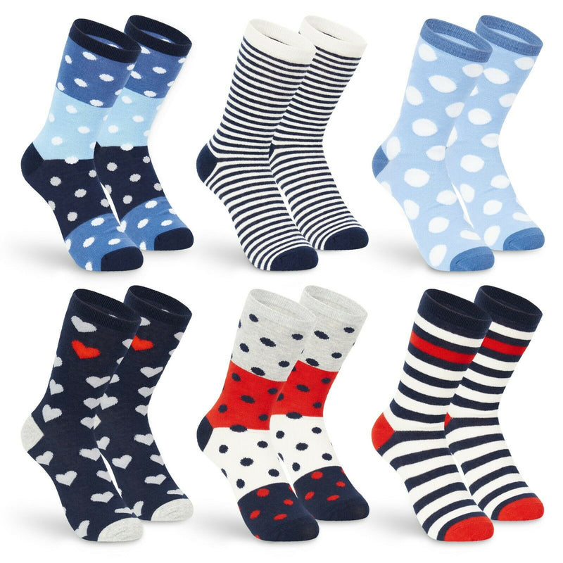 Tom Franks Ladies 6 Pack Design Cotton Rich Socks One Size Red & Blue Mix