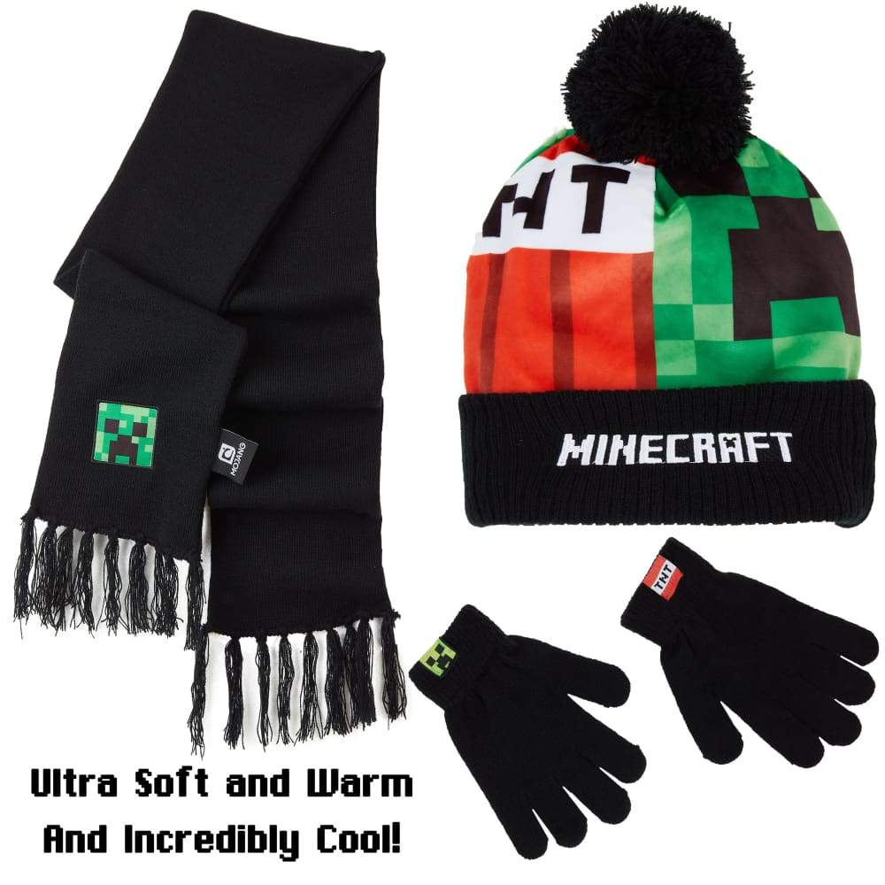 Minecraft Hat Scarf and Gloves Set Boys Gaming Gifts for Boys Hat Scarf Gloves Set Minecraft £13.49