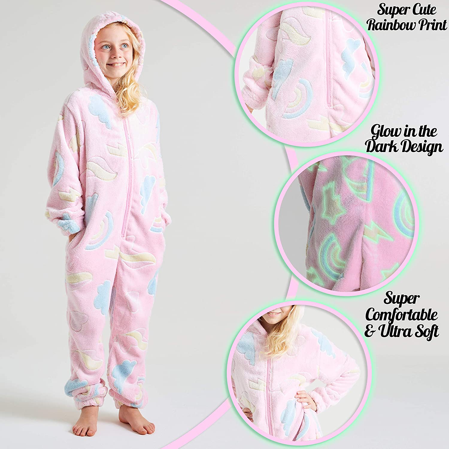 CityComfort Glow in The Dark Onesie Kids Onesies for Girls Rainbow Unicorn Pyjamas - Get Trend