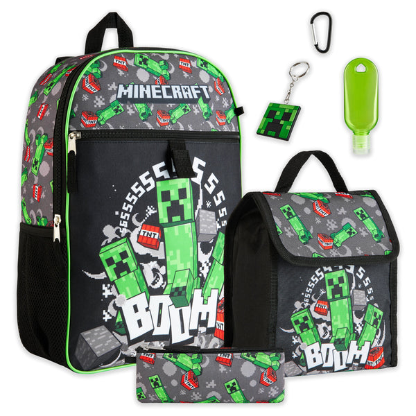 Minecraft Backpack Set For Kids - 4 Piece Villains Lunch Box, Water Bottle, Pencil Case & Rucksack - Officially Licensed