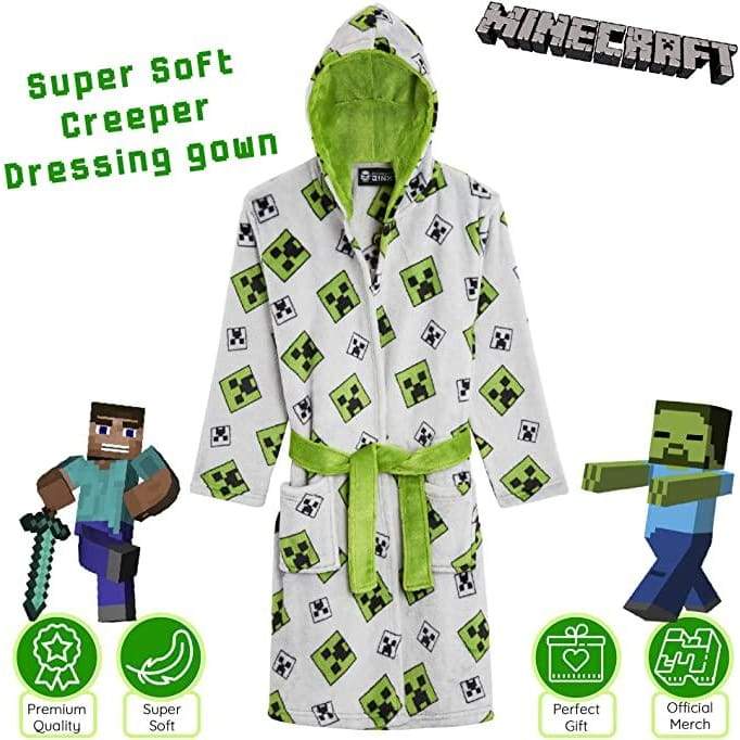 Minecraft Hooded Soft Dressing Gown with Creeper Design for Gamers Boys Girls Dressing Gown Minecraft £21.74